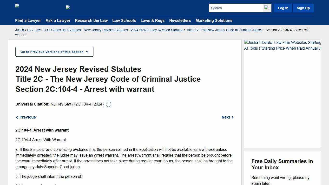 New Jersey Revised Statutes Section 2C:104-4 (2024) - Arrest with warrant :: 2024 New Jersey Revised Statutes :: U.S. Codes and Statutes :: U.S. Law :: Justia