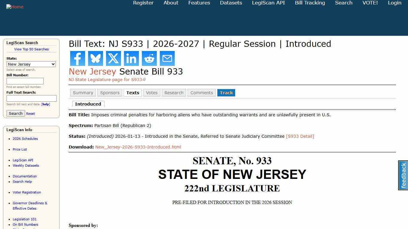 Bill Text: NJ S933 | 2026-2027 | Regular Session | Introduced | LegiScan